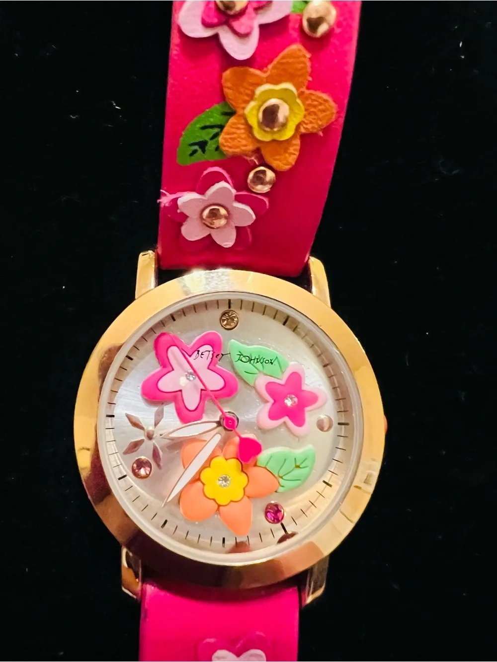 Betsey Johnson Pink Floral Leather Strap Watch with Gold-Tone Case.    EUC